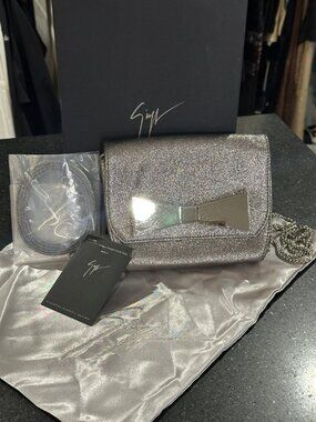 Giuseppe Zanotti | Silver Metallic Leather Shoulder Bag | Mirrored Bow accent